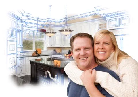 Happy Couple Hugging with Custom Kitchen Drawing and Photo Behind on White. Stock Illustration