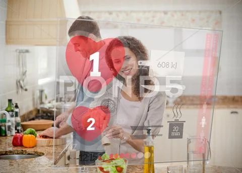 Happy couple making dinner using interface instructions Stock Illustration