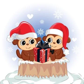 Happy couple monkey with red gift box. Cute monkey for christmas day. 스톡 일러스트