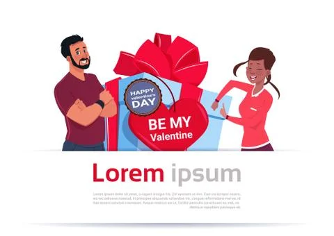 Happy Couple Over Big Present Box Decorated With Valentines Day Tag, Love Ilustração Stock