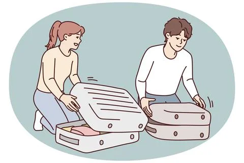Happy couple packing suitcase getting ready for vacation. Smiling man and woman Ilustração Stock