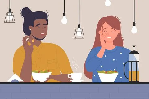 Happy couple people dating in cafe, man woman making funny face on romantic date Stock Illustration
