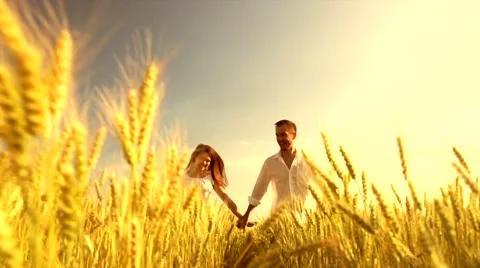 Happy couple running through the wheat field Stock Footage 59083147