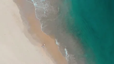 Happy couple runs along empty ocean beach joining hands near rolling waves Stock Footage 130283060