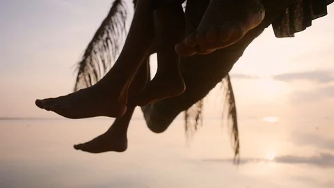 Happy couple sit on a palm tree during amazing sunset. Waving their legs. Close Stock Footage 99680704