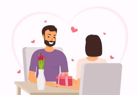Happy couple sitting at the table in restaurant. Man gives woman a gift and f Stock Illustration
