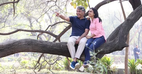Happy couple sitting on tree trunk and admiring nature in park Stock Footage 169910175