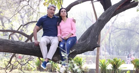 Happy couple sitting on tree trunk and admiring nature in park Stock Footage 169910295