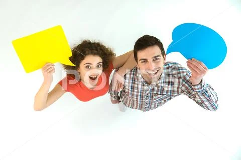 The happy couple stand with dialog signs. View from above Stock Photos