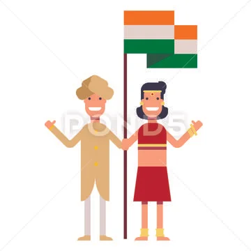 A happy couple is standing by the flag of india and smiling Stock Illustration