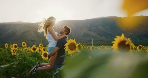 Happy couple in sunflower fields Stock Footage 106516173