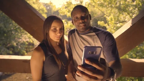 Happy Couple Taking Selfie on Bridge 2 스톡 동영상 91981123