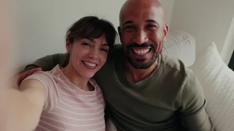 Happy Couple Taking A Selfie On Sofa Stock Footage 300126260