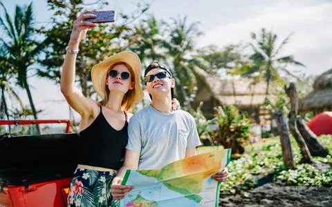 Happy couple taking selfie while travelling Stock Photos