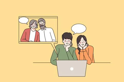 Happy couple talk on video call with parents Stock Illustration