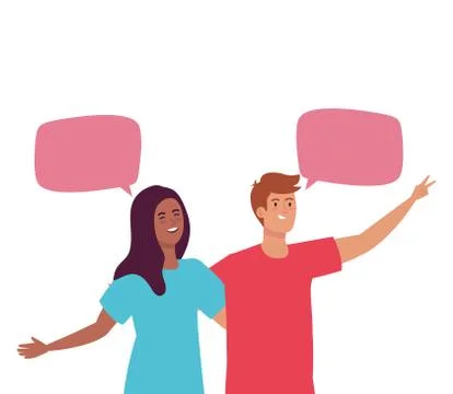 Happy couple talking with speech bubbles, celebrating holiday Stock Illustration