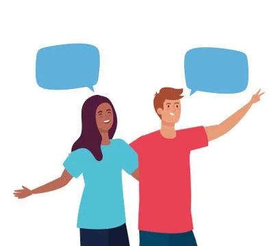 Happy couple talking with speech bubbles, celebrating holiday Stock Illustration