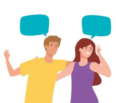 Happy couple talking with speech bubbles, celebrating holiday Stock Illustration