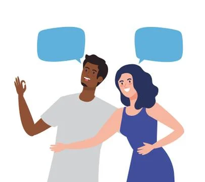 Happy couple talking with speech bubbles, celebrating holiday Stock Illustration