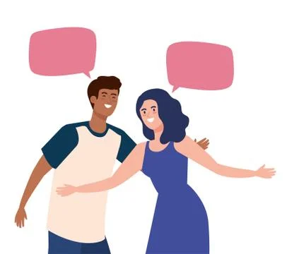 Happy couple talking with speech bubbles, celebrating holiday Stock Illustration