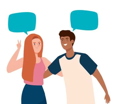 Happy couple talking with speech bubbles, celebrating holiday Stock Illustration