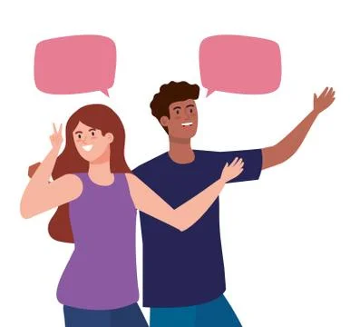 Happy couple talking with speech bubbles, celebrating holiday Stock Illustration