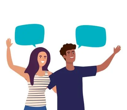 Happy couple talking with speech bubbles, celebrating holiday Stock Illustration