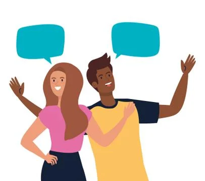 Happy couple talking with speech bubbles, celebrating holiday Stock Illustration