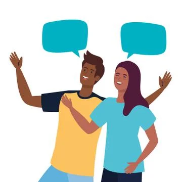 Happy couple talking with speech bubbles, celebrating holiday Stock Illustration