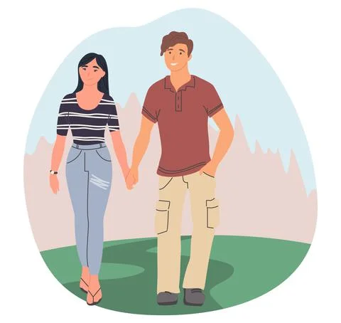 Happy couple walking in forest, flat vector illustration. Hiking, camping Stock Illustration
