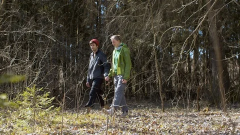 Happy couple walking in the forest Stock Footage 128863487