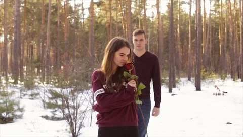 Happy couple in winter forest.Full hd video 스톡 동영상 73064298