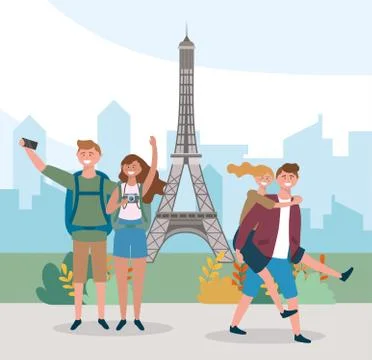 Happy couples with backpack in the eiffel tower destination Ilustração Stock