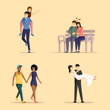 Happy couples flat vector illustrations set. Men and women in love bonding Stock Illustration