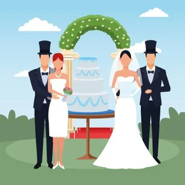 Happy couples with weeding cake and floral arch around over landscape background Ilustração Stock