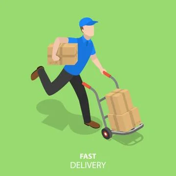 Happy courier flat isometric vector concept. Stock Illustration