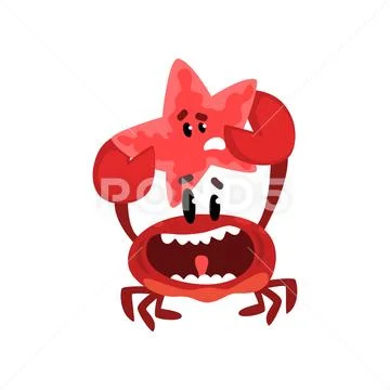 Happy crab character holding starfish, cute sea creatures with funny faces Stock Illustration