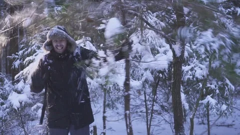 Happy crazy man shaking snow trees in winter forest Stock Footage 83708971