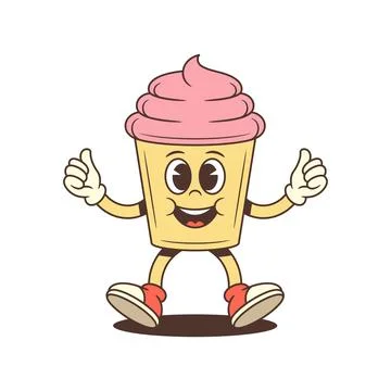 Happy Cupcake Thumbs Up Retro Comic Cartoon Character Vector Illustration Stock Illustration