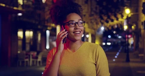 Happy Curly Urban Woman Calling Talking on Phone Laughing Mobile Business Stock Footage