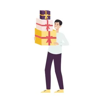 Happy customer with shopping boxes flat cartoon vector illustration isolated. Illustrazione stock