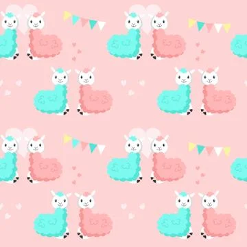 Happy cute alpaca couples vector seamless pattern イラスト素材