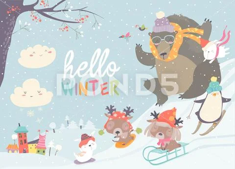 Happy cute animals playing winter games. Hello winter Stock Illustration