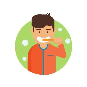 Happy cute boy brushing teeth. Vector character illustration. Flat design style Illustrazione stock