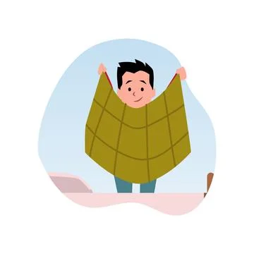 Happy cute boy making the bed, vector cartoon children cleaning duty, housework Stock Illustration
