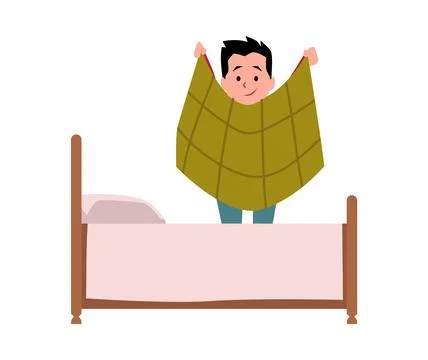 Happy cute boy making the bed, cartoon children cleaning duty, housework chores Stock Illustration