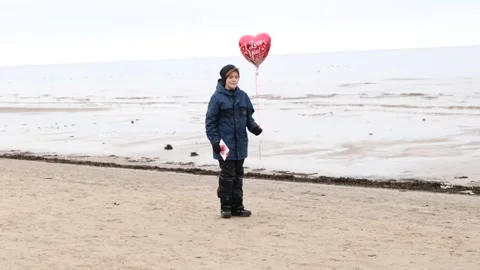 Happy cute boy standing with red ballon heart Stock Footage 145977236
