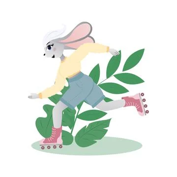 Happy cute cartoon rabbit is roller skating. Stock Illustration