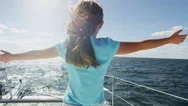 Happy Cute Caucasian Girl Casual Summer Clothes Enjoying Luxury Yacht Travel Stock Footage