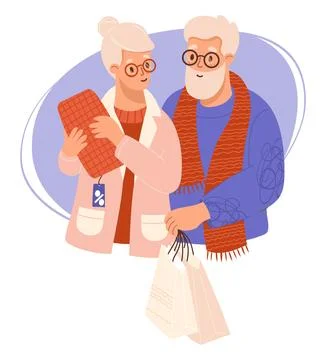 Happy cute couple of elderly grey-haired people shoppers with gift shopping.. Ilustração Stock